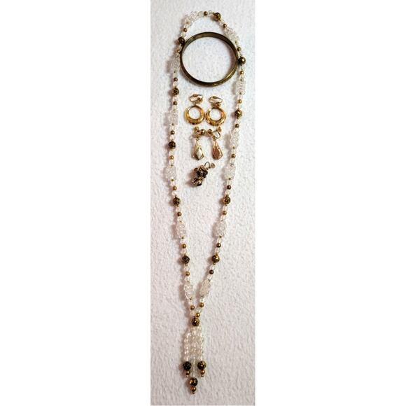 Vtg Art Neoveau Inspired Beaded Fringe Necklace Clip Earrings Bangle Bracelet - Picture 1 of 5